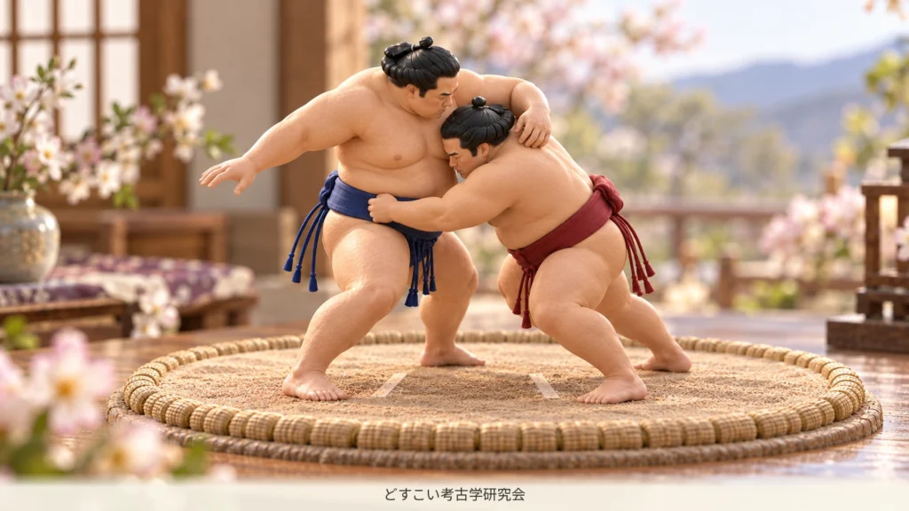 首へ腕を回し、腰を入れ始める力士のミニチュア