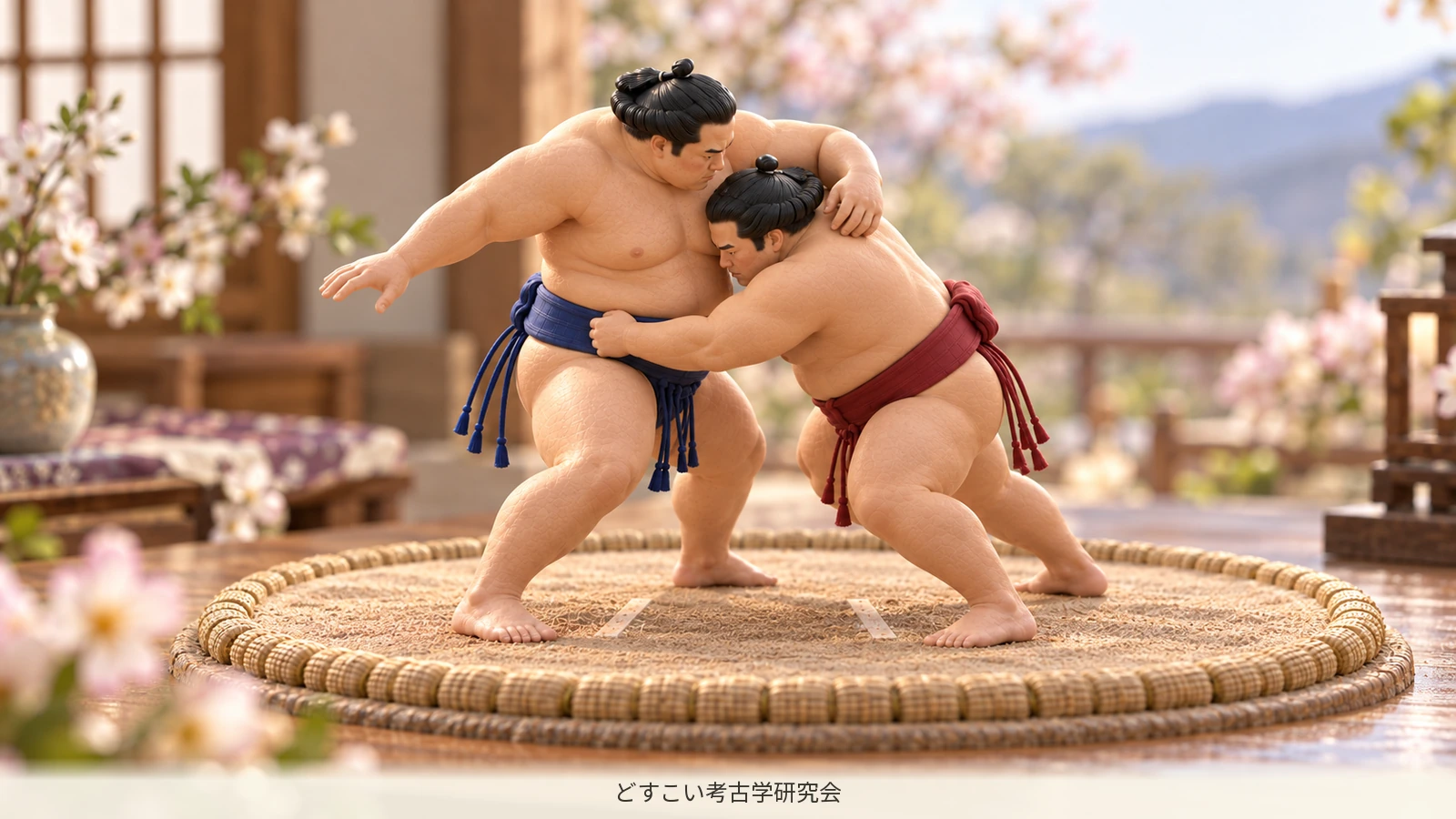 A miniature wrestler wrapping an arm around an opponent's neck and beginning to move the hips into position.