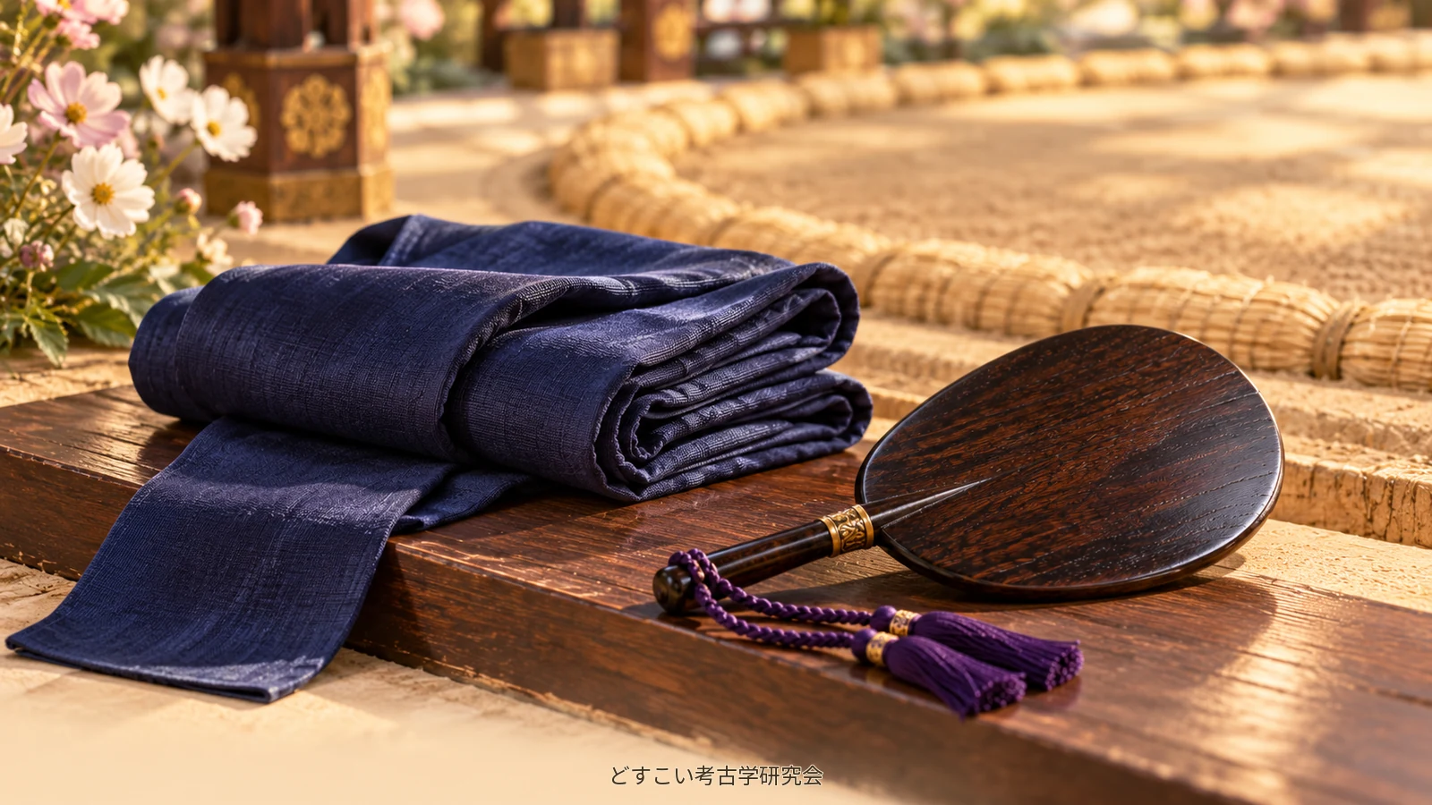 Folded shimekomi cloth and a gyoji's gunbai, illustrating an article about mawashi-matta.