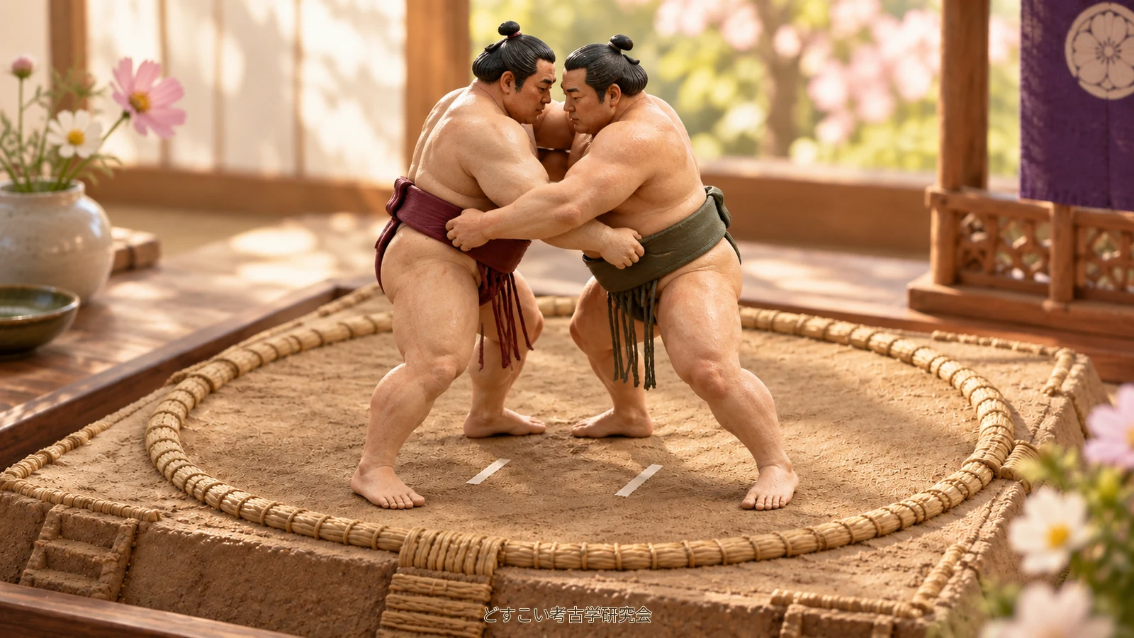 An imagined miniature of two wrestlers grappling with a right arm inside and a left arm around the outside.
