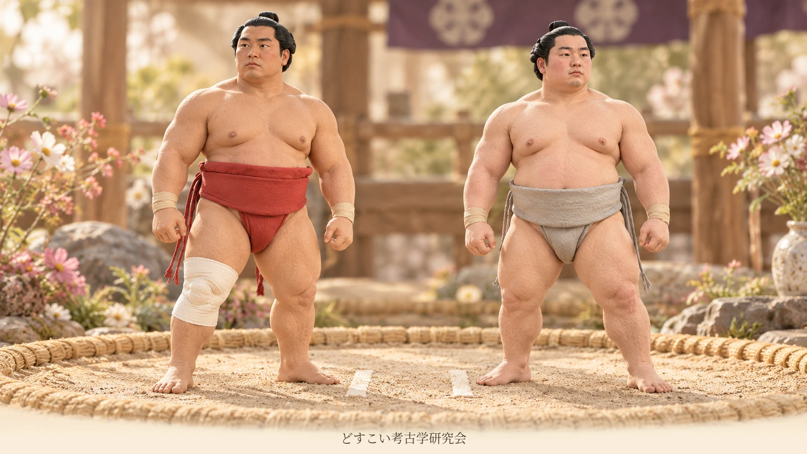Imagined miniatures of Asakoryu in a red mawashi and Asasuiryu in a grey mawashi, side by side.