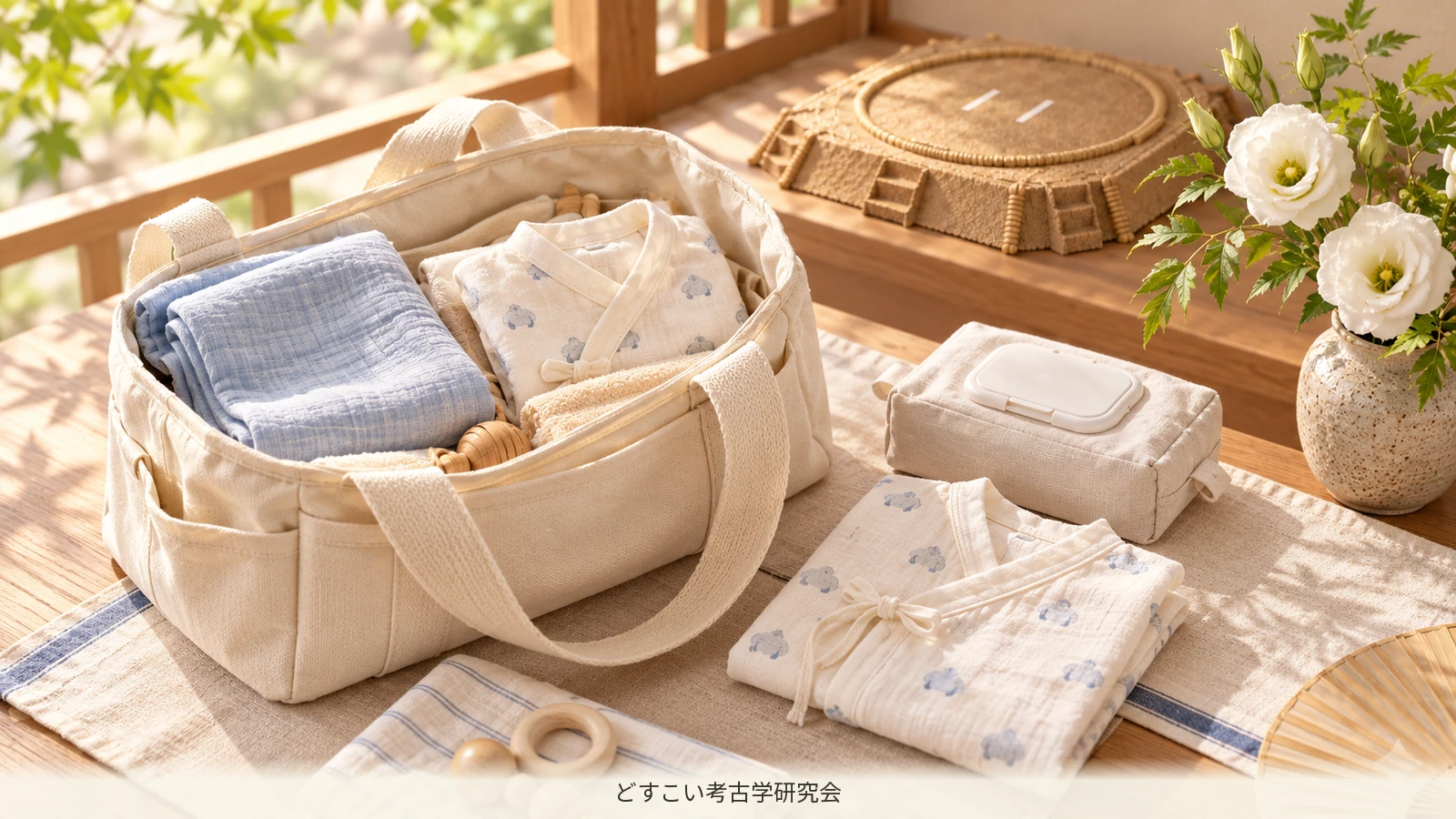 Miniature baby-care supplies prepared for a sumo visit in Nagoya.