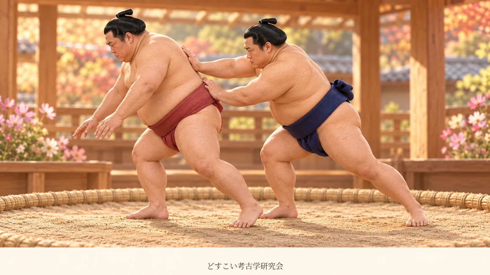 An imagined miniature showing an okuridashi position, with a wrestler pushing an opponent's back from behind.