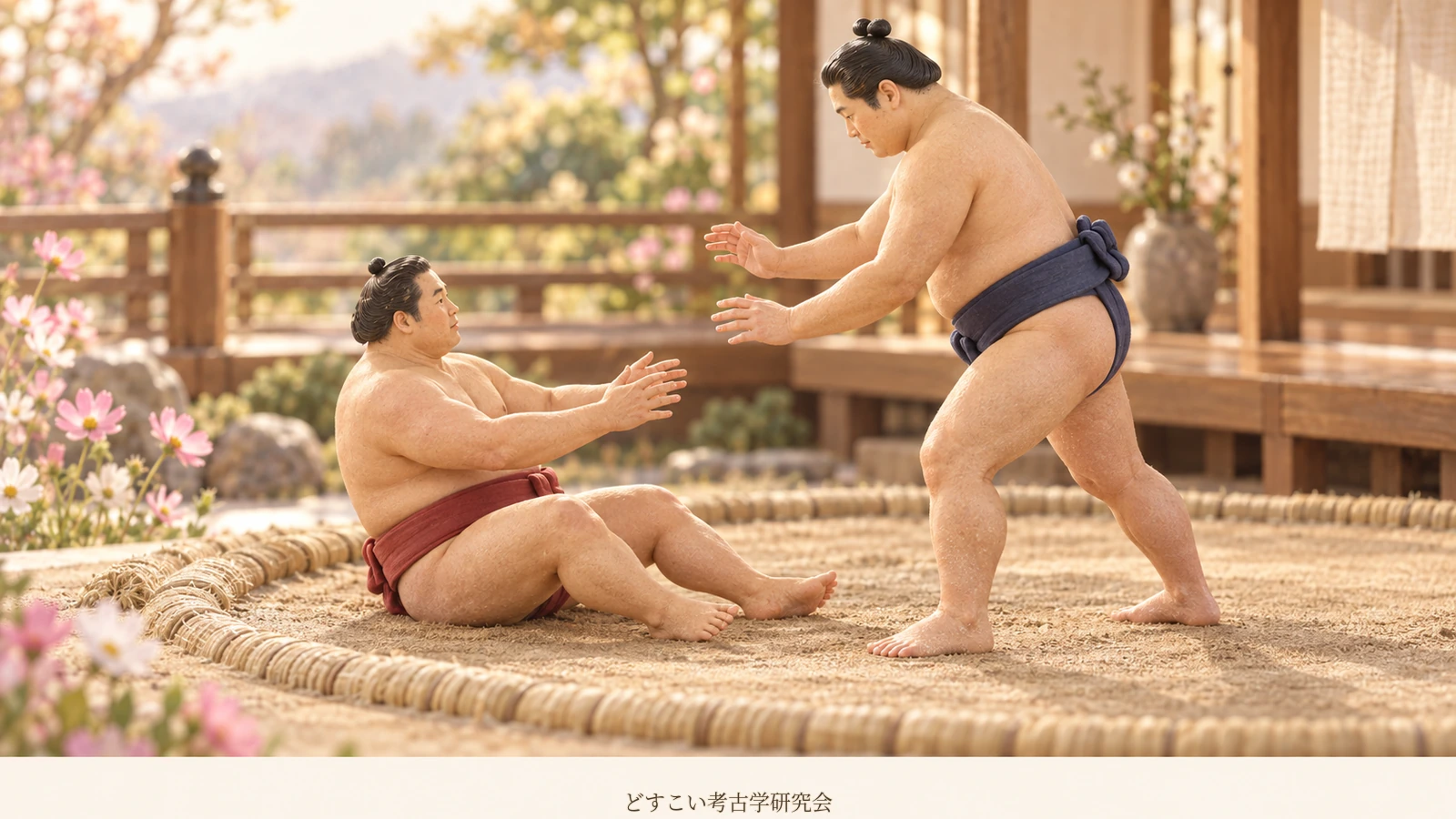 An imagined miniature of one wrestler seated at the edge of the dohyo and another standing in front.