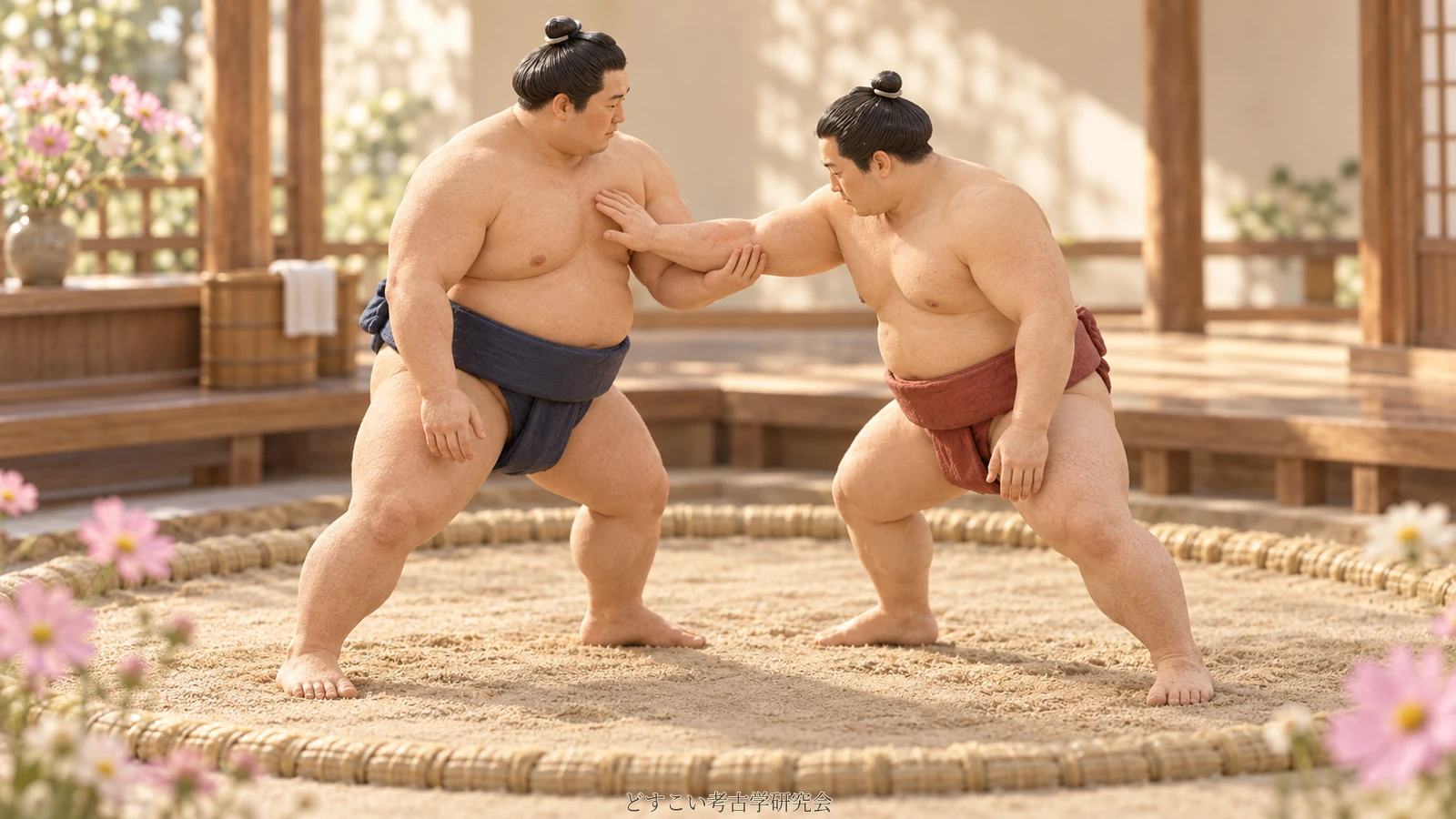 An imagined miniature of ottsuke practice, with a hand placed outside the opponent's elbow.