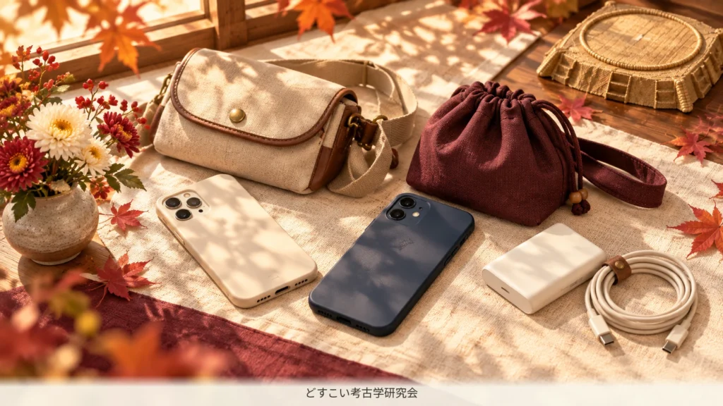 同行者それぞれの端末と充電用品を準備するミニチュア