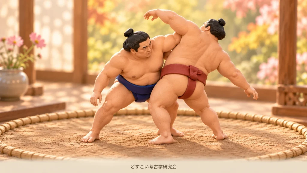 脇の内側へ入れた差し手を返す掬い投げの場面を表したミニチュア