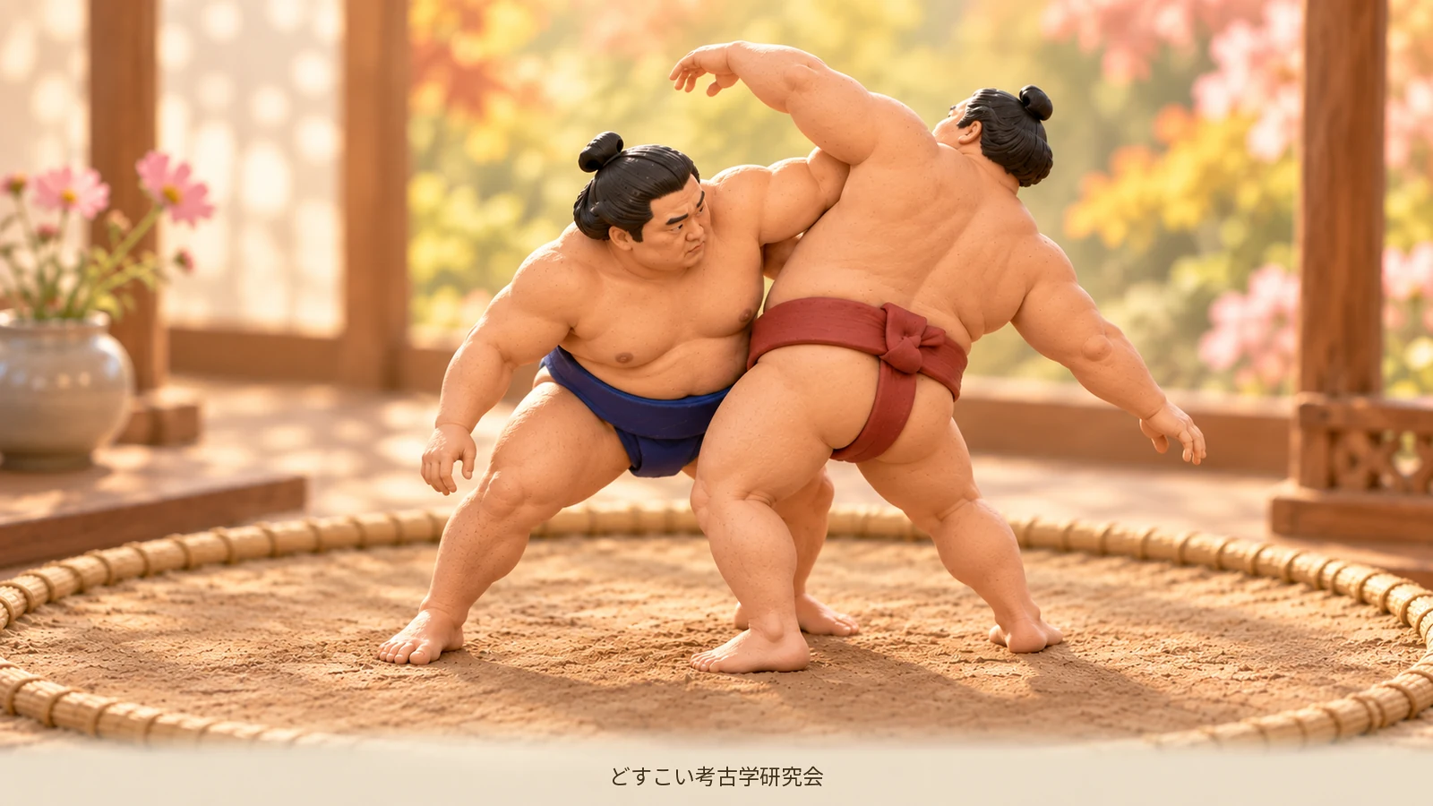 A miniature sukuinage scene focusing on the turning action of the arm placed inside the opponent's armpit.