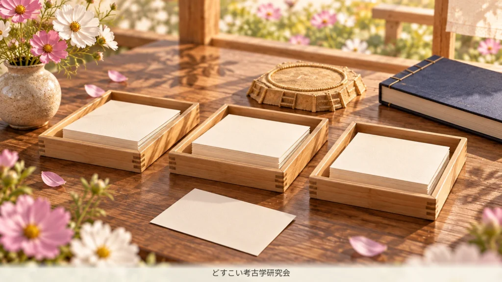 記録を分けて保存するカードと木箱のミニチュア