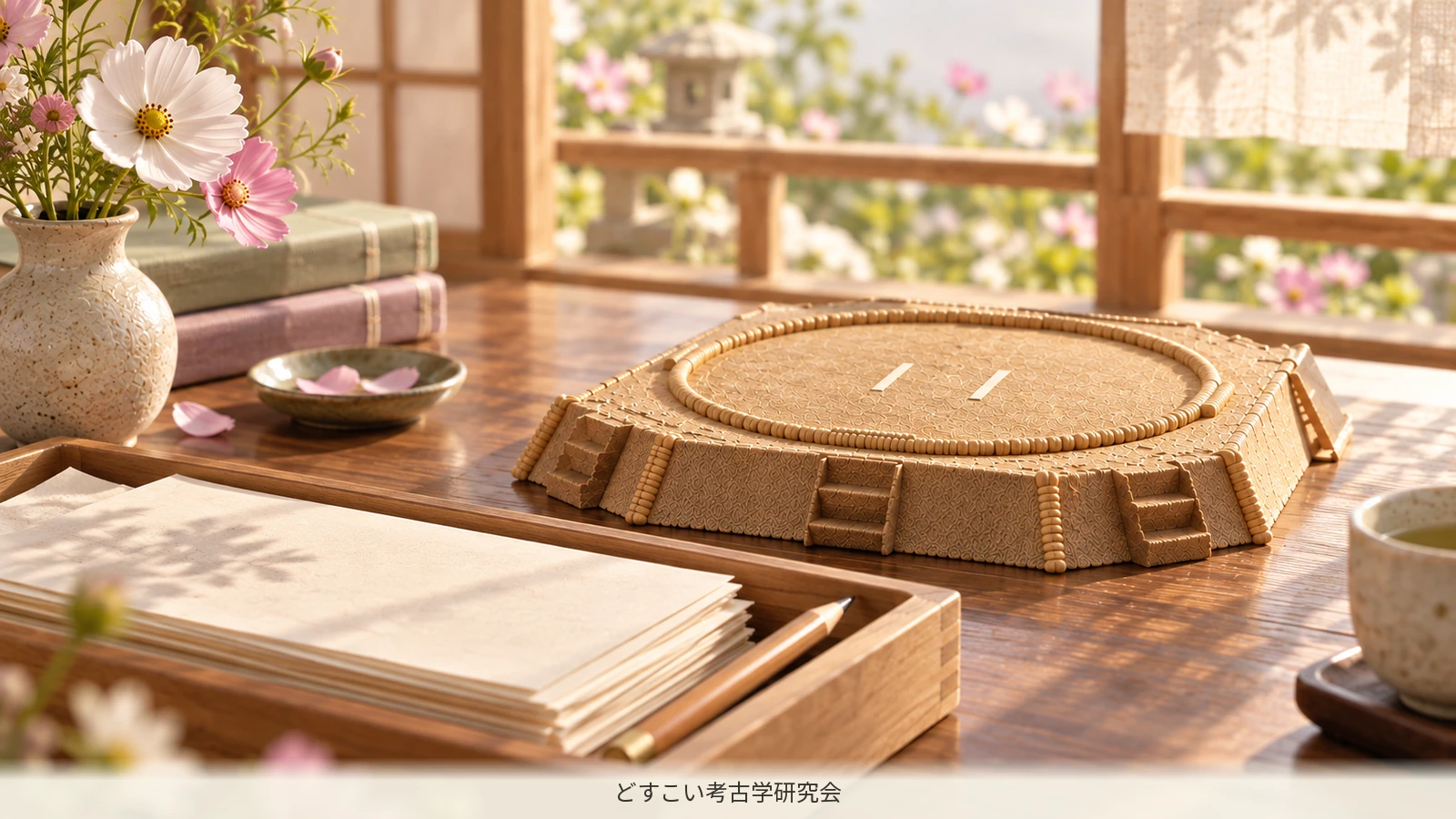 Daily record sheets beside a miniature dohyo.