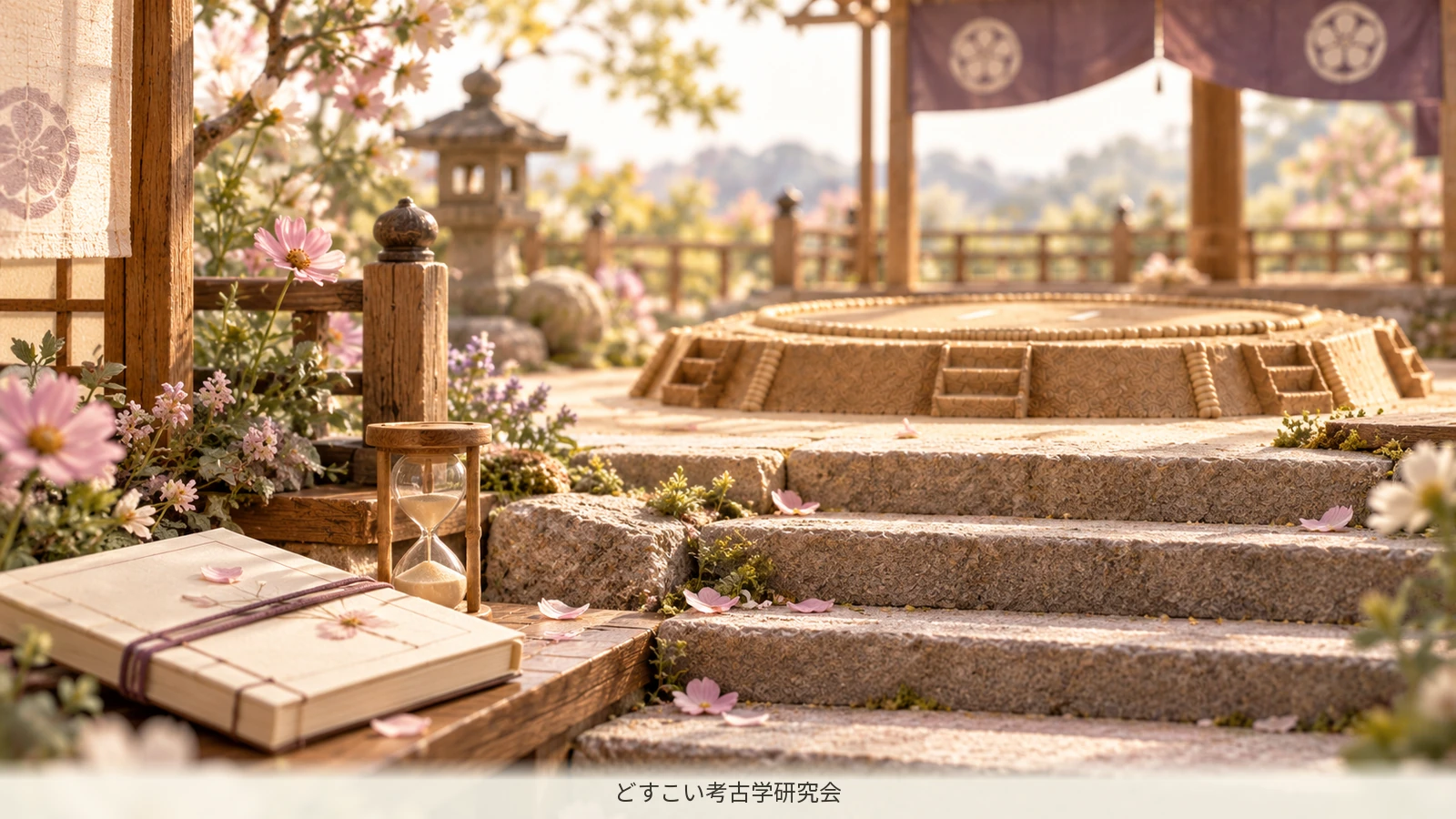 A miniature staircase and small dohyo, illustrating a wrestler's progress.