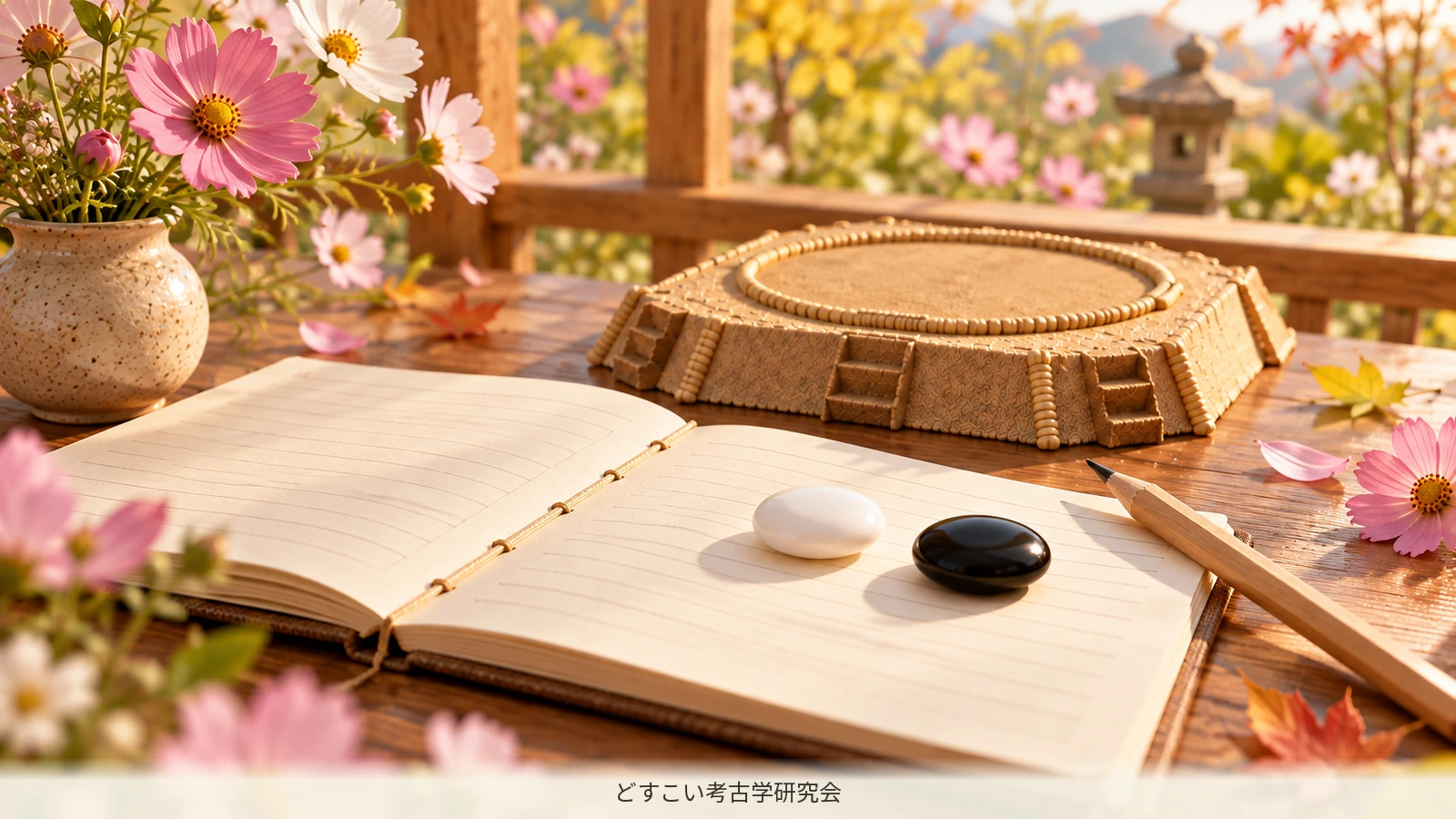 A miniature notebook with black and white stones, illustrating how to read bout records.