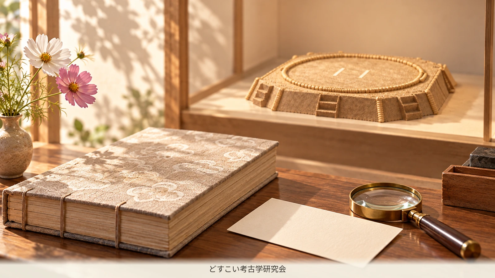 Miniature books and small objects for looking closely at sumo exhibits.