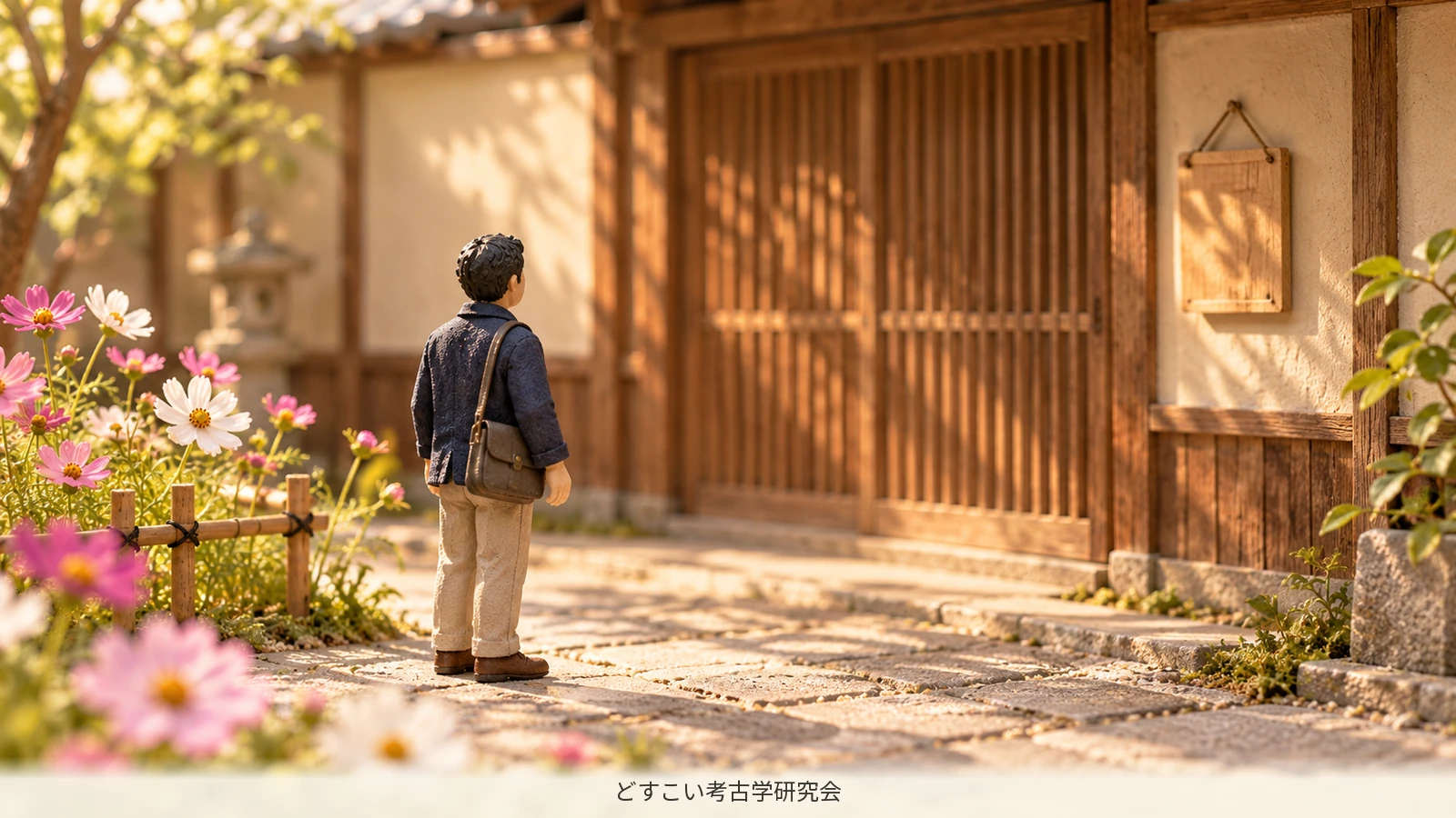 A miniature scene of viewing a sign from a respectful distance outside a building.