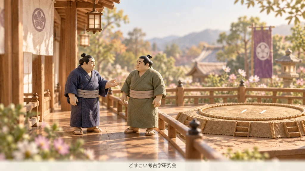 力士同士が稽古場で言葉を交わすミニチュア