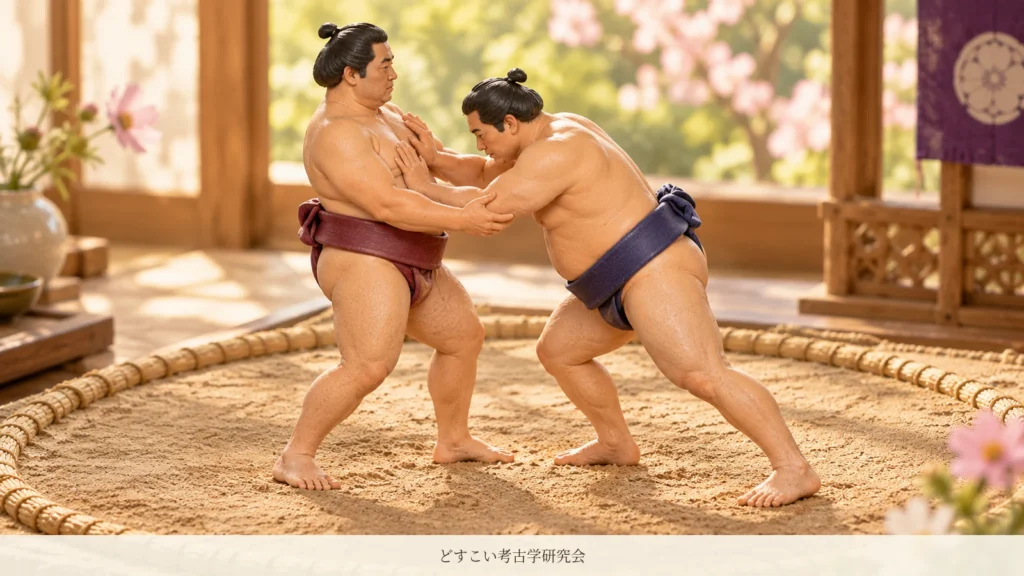 相手の胸へ掌を当てて前に押し進める二人の力士を描いた創作ミニチュア
