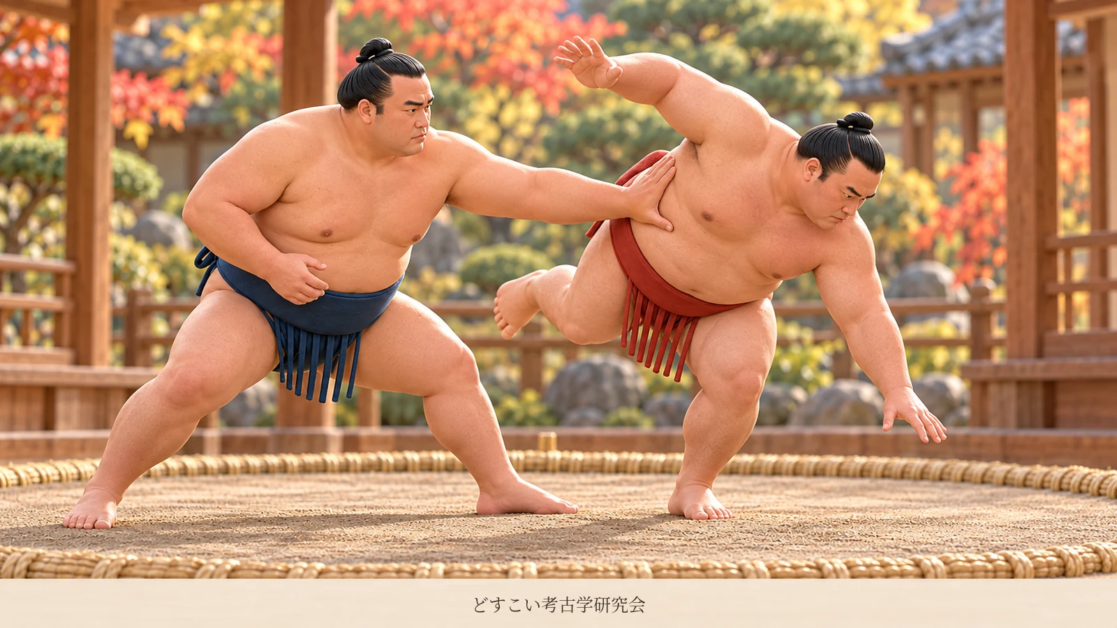 An imagined miniature of tsukiotoshi, with one hand at the opponent's side and the body turning to tip them off balance.