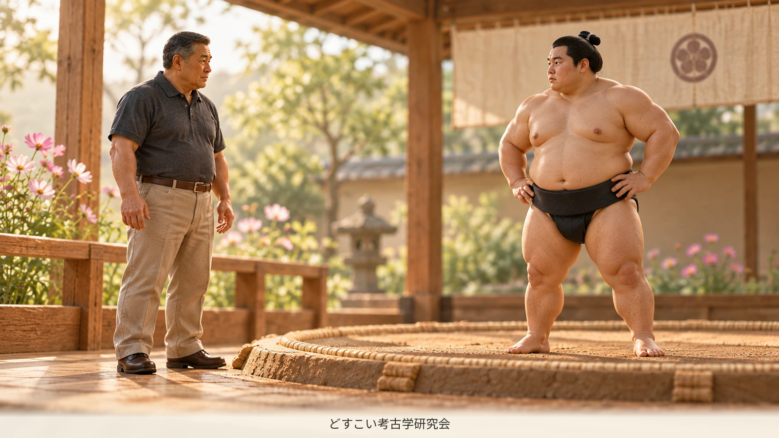 A miniature figure watching over wrestlers beside a training ring.