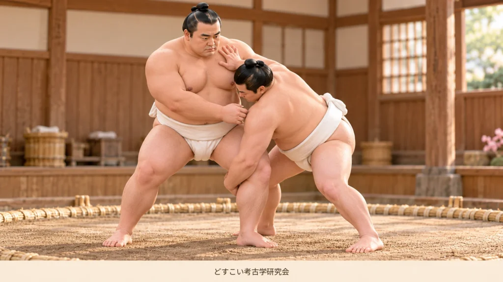 稽古場で片手が膝の外側を抱え、もう一方の手が上体を押す渡し込みを表したミニチュア