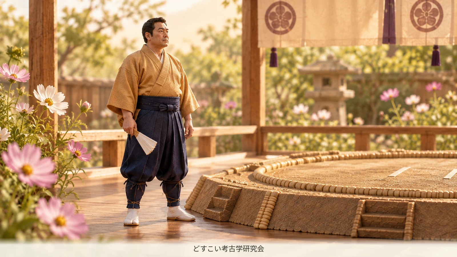 A miniature yobidashi holding a white fan and wearing fitted tattsuke-bakama trousers and tabi.