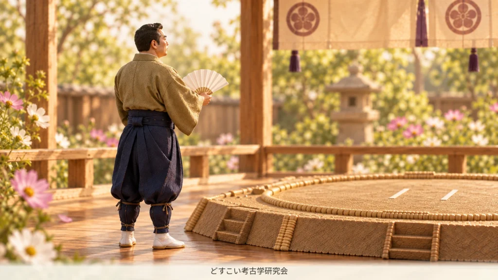 土俵の片側へ向き直る呼出のミニチュア
