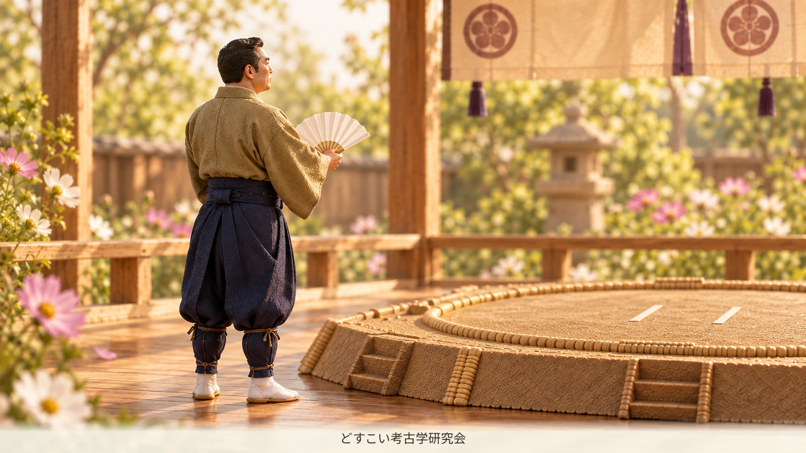 A miniature yobidashi turning towards one side of the dohyo.