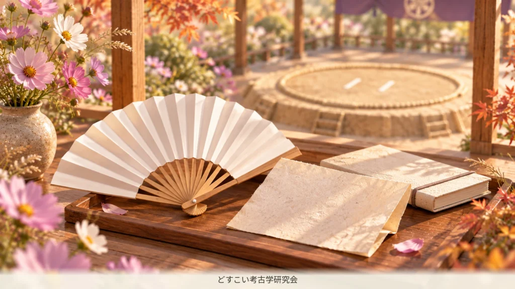 白扇と折りたたまれた紙を並べたミニチュア