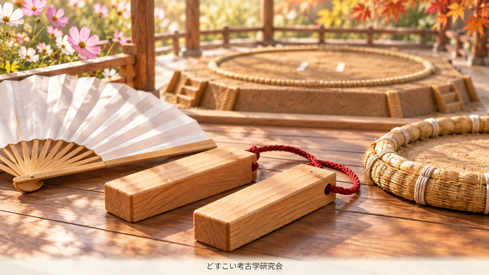 A miniature arrangement of wooden clappers, a white fan and dohyo straw bales.