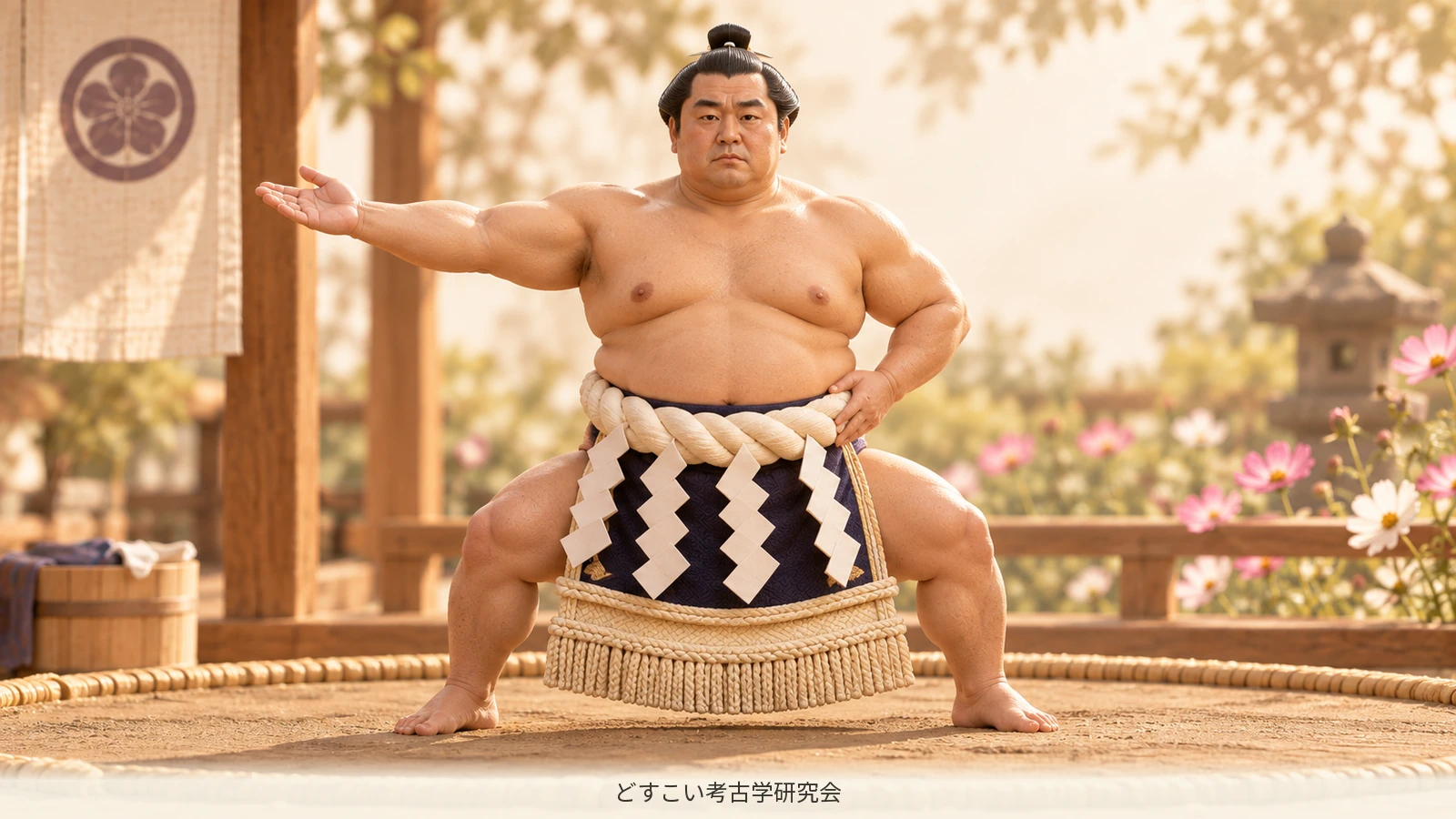 A miniature yokozuna performing the Unryu-style ring entrance with the right hand open.