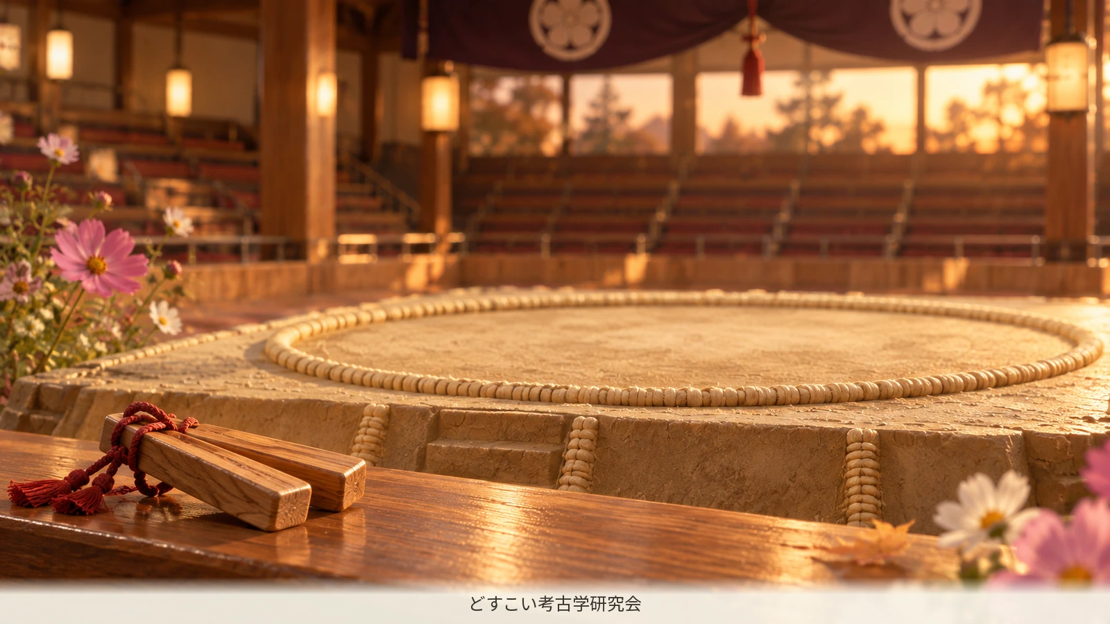 Wooden clappers and a miniature dohyo at dusk, illustrating the end of a tournament day.