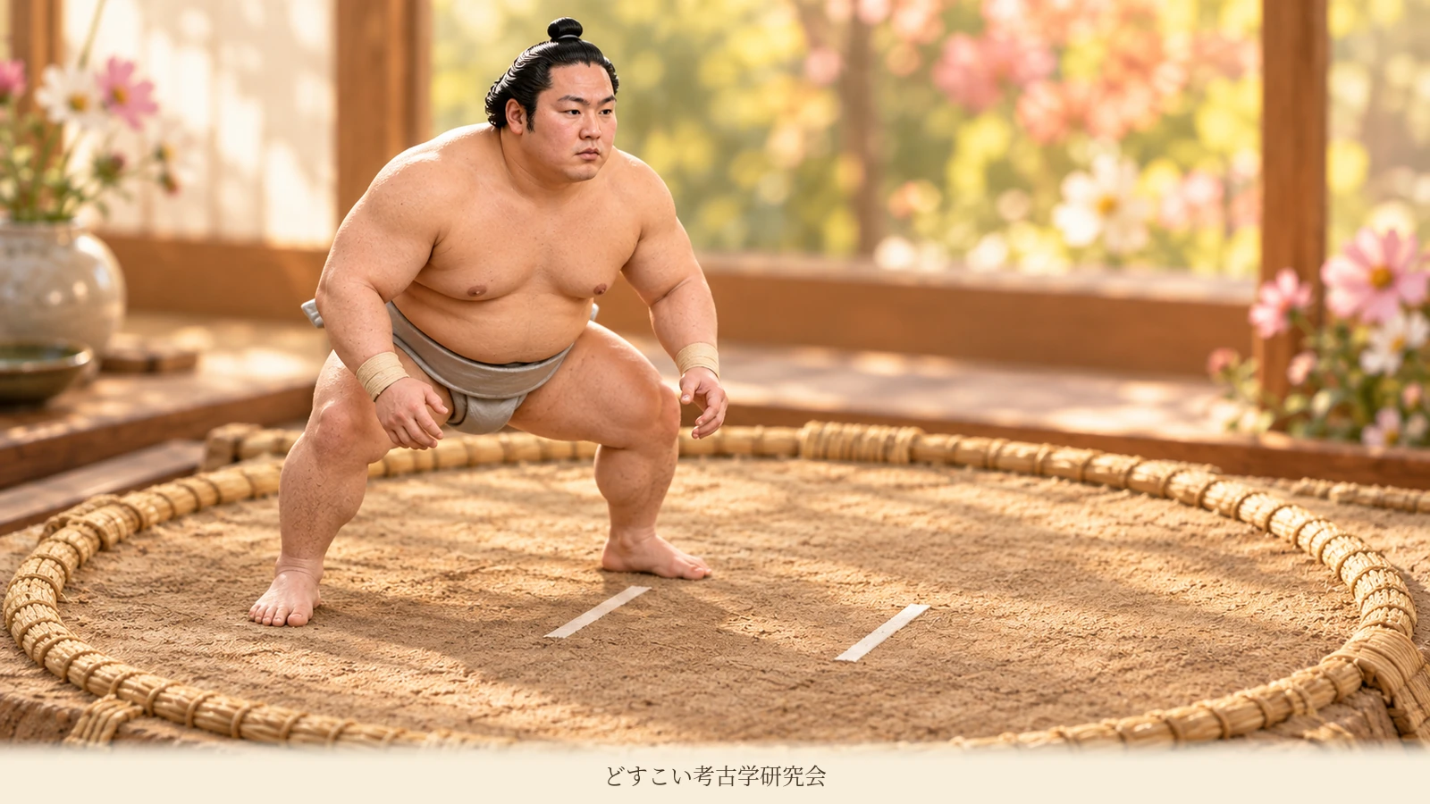 An imagined miniature of Asasuiryu leaning forward in a grey mawashi.