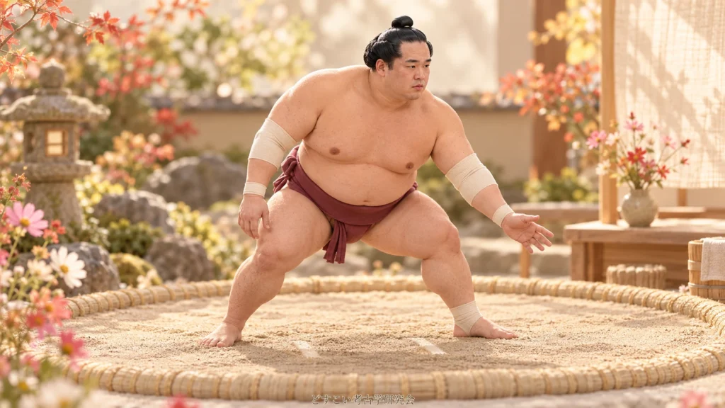 錦富士関を題材に、土俵での構えを描いた創作ミニチュア