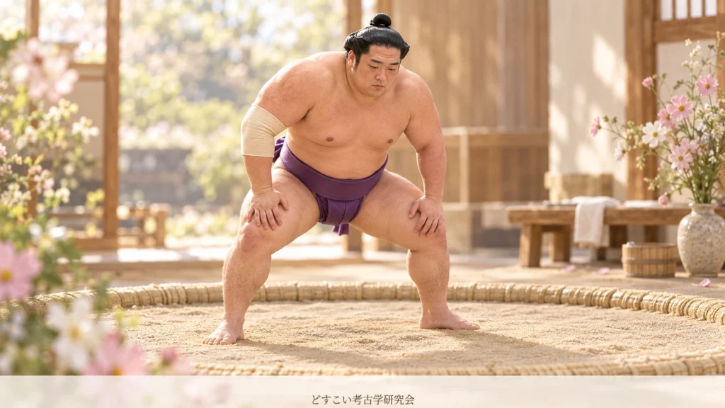 稽古場で一息つく尊富士関を題材にした創作ミニチュア