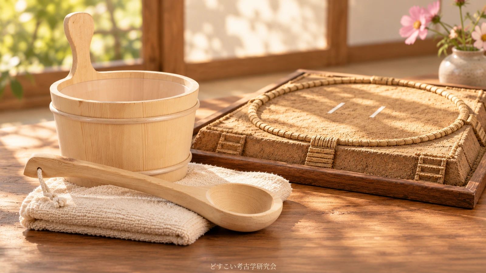 An imagined miniature inspired by Kinbozan’s sauna hobby, with a wooden bucket, ladle and small sumo ring.