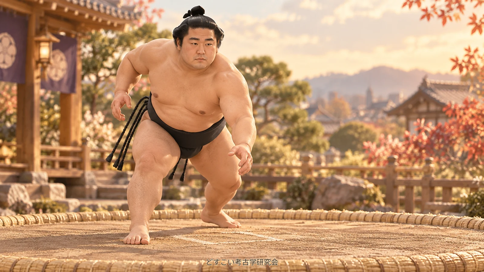 An imagined miniature of Wakamotoharu stepping forward with his left arm in front; not a reconstruction of a bout.