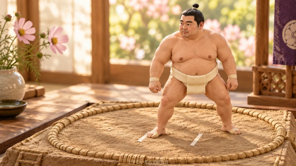 体の向きを少し変えて構える正代関を題材にした稽古の創作ミニチュア