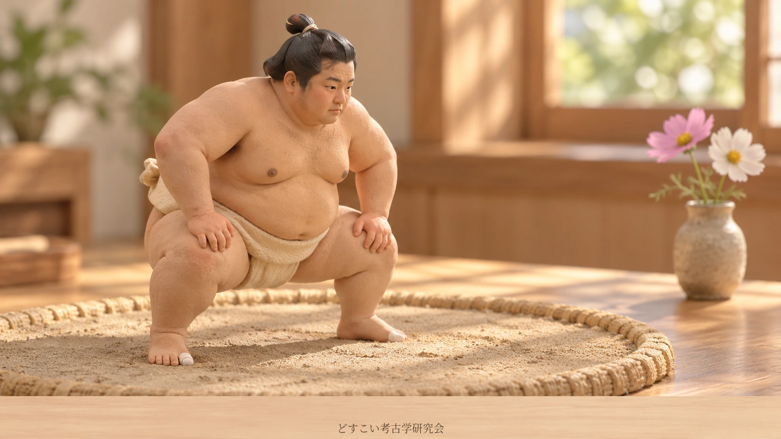 A fictional training miniature inspired by Asahakuryu, poised with both hands resting on his own thighs.