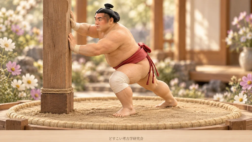 赤いまわしで柱を押す朝紅龍関を題材にした創作ミニチュア