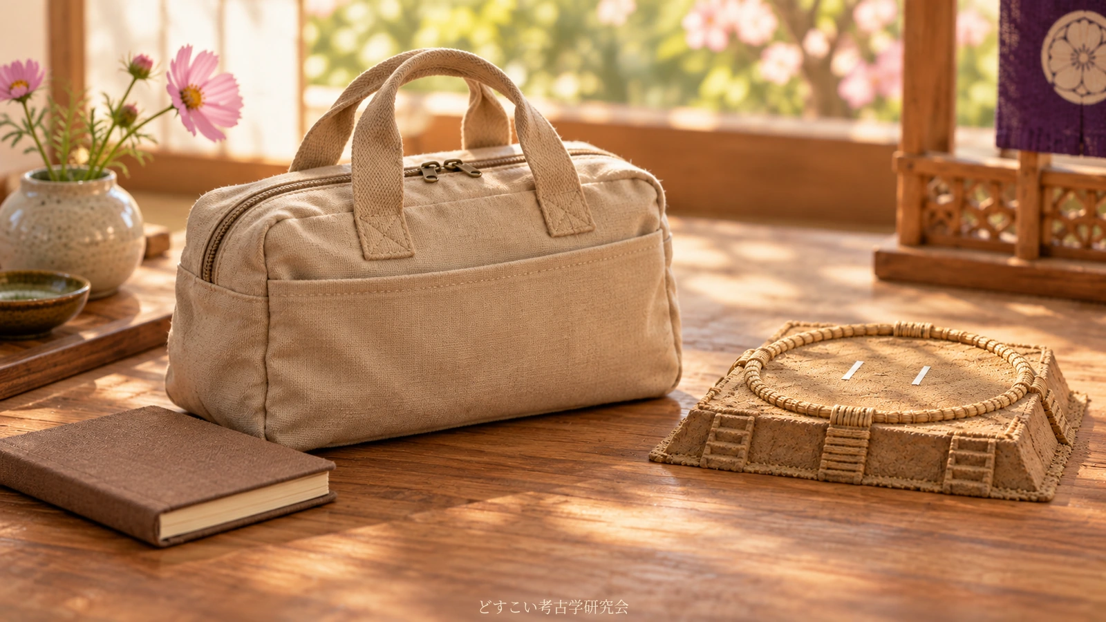 A fictional miniature arrangement of a travel bag and a small dohyo, inspired by Chiyoshoma’s interest in sightseeing.