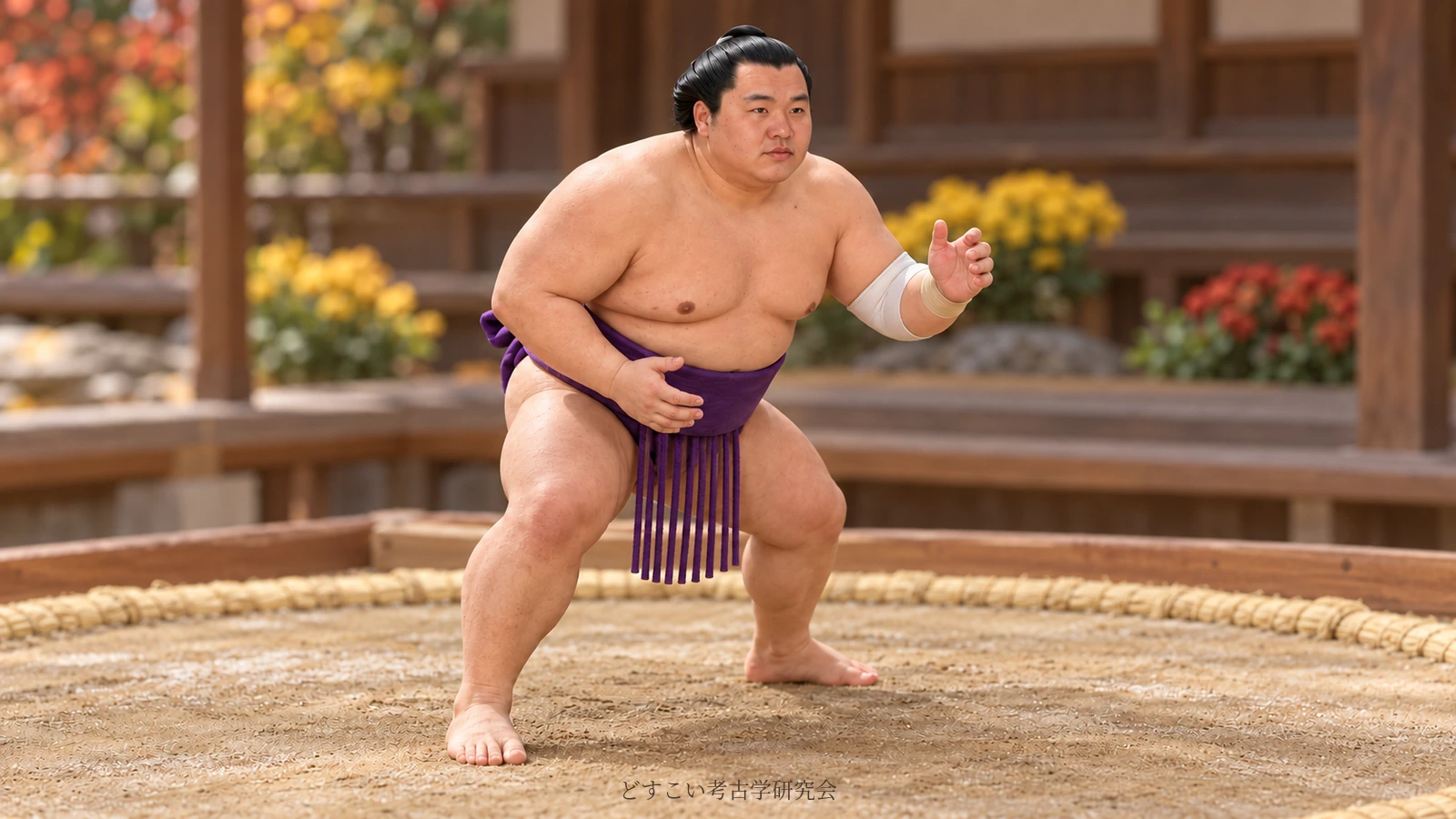 A fictional miniature inspired by Daiseizan, in a purple mawashi and a stance working towards a right-hand-inside grip.