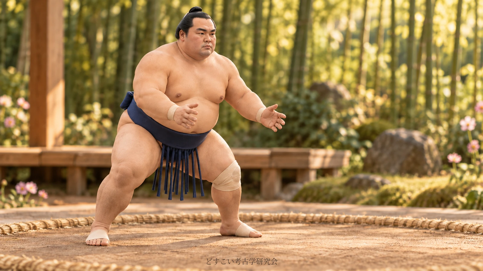 A fictional miniature inspired by Kazuma, in a navy mawashi and a stance carrying his large body forward.