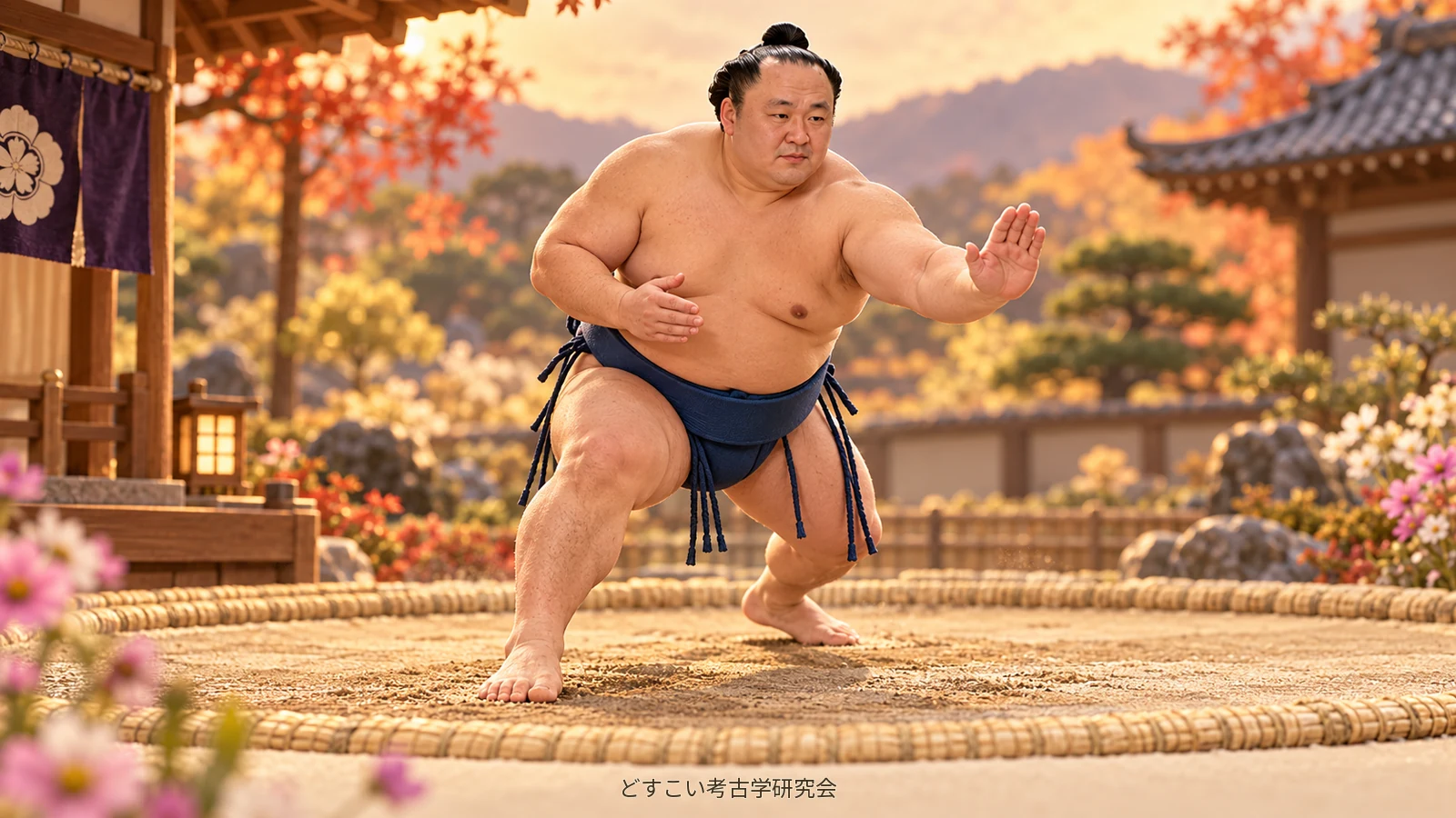 An imagined miniature of Tamawashi in a navy mawashi, stepping forward with one hand extended in a push.