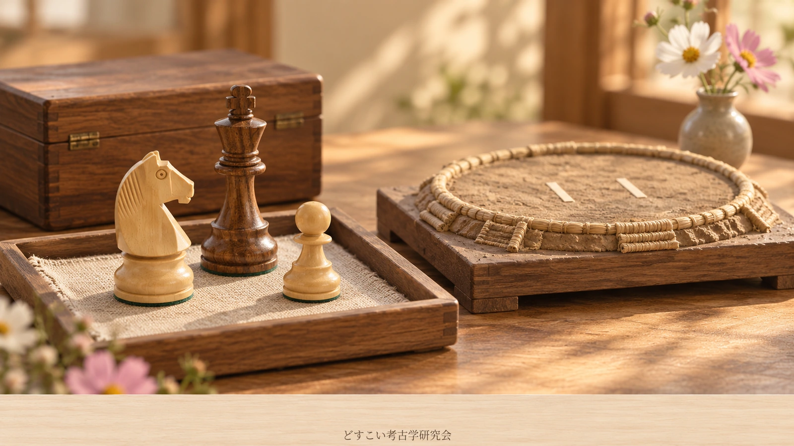 A fictional miniature arrangement of three chess pieces and a small dohyo, inspired by Onokatsu’s interest in chess.