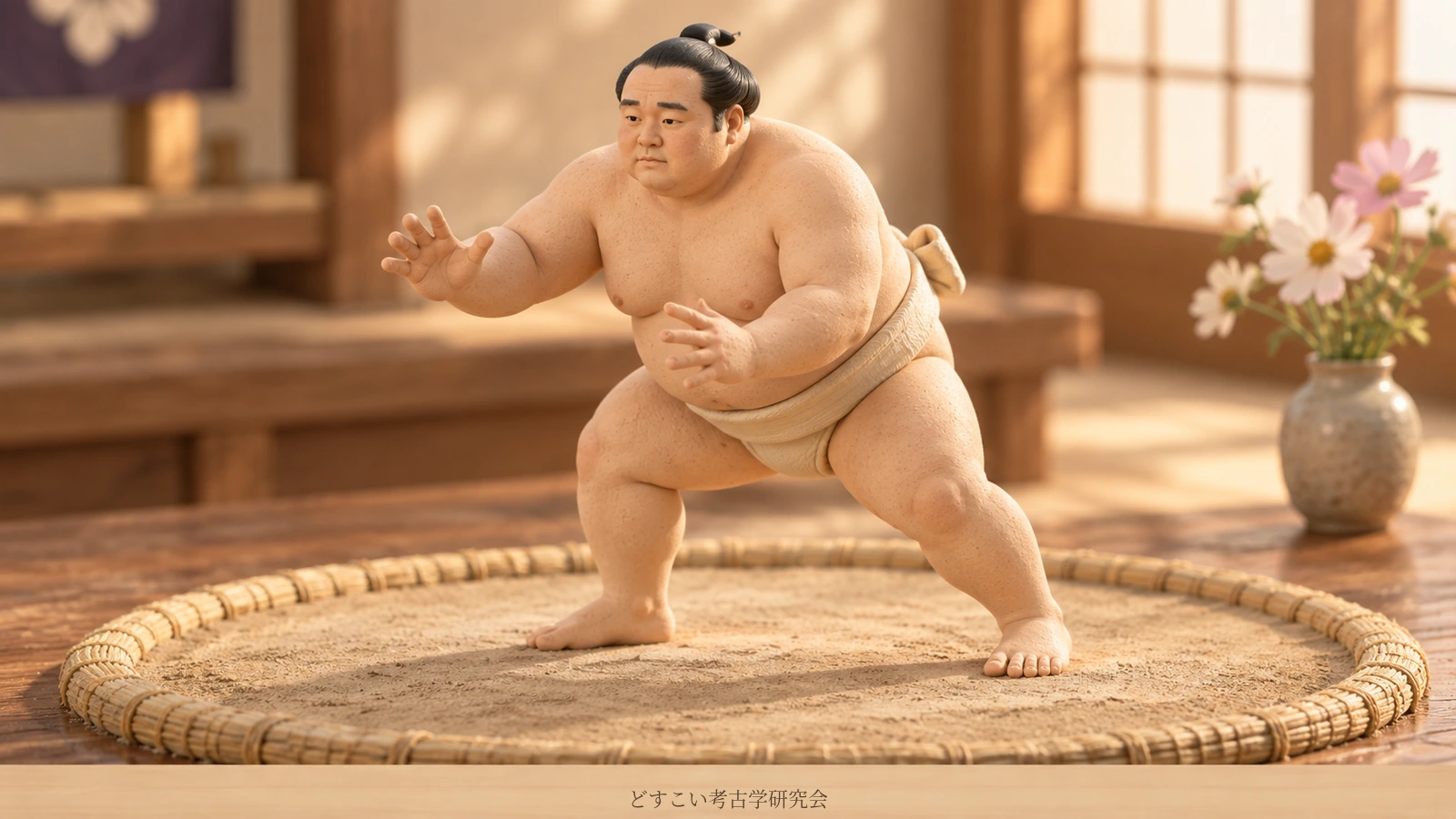 A fictional miniature inspired by Kazekeno, poised in an unbleached practice mawashi.