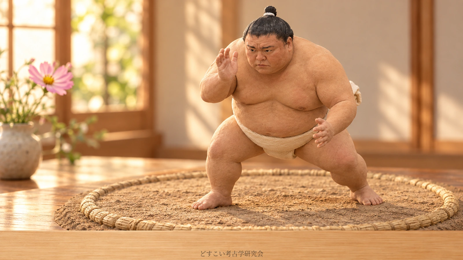 A fictional miniature inspired by Mitakeumi, leaning forward in an unbleached practice mawashi.