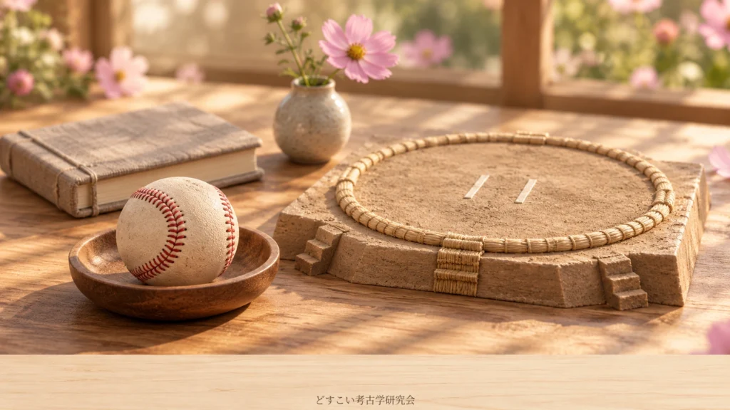 佐田の海関の野球観戦の趣味を題材にした野球ボールと小土俵の創作ミニチュア