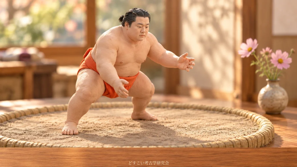 低い姿勢で前へ構える嵐富士関を題材にした創作ミニチュア