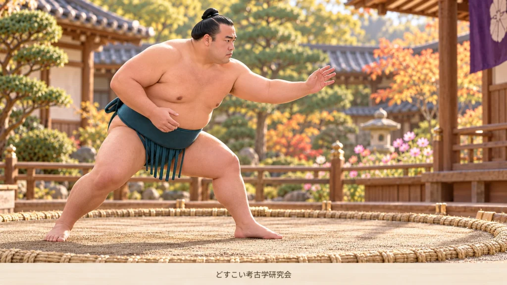 間合いを詰める一歩を表した、深い青緑のまわしの北の若関のミニチュア