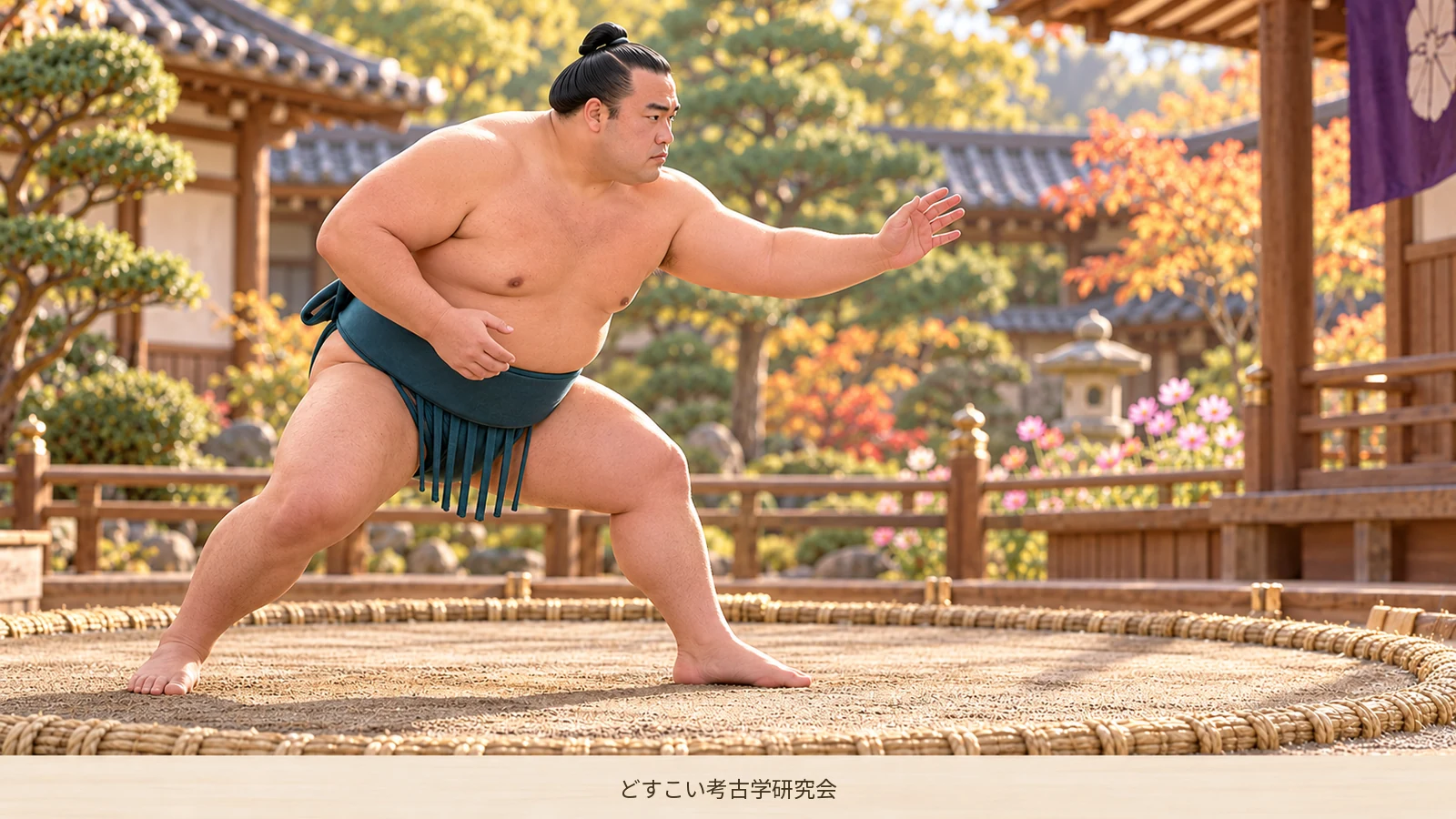 A miniature of Kitanowaka in a deep teal mawashi, taking a step to close the distance.