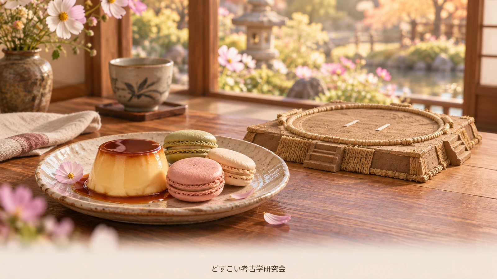 Pudding and macarons, listed among Shirokuma’s favourite foods, beside a miniature sumo ring.